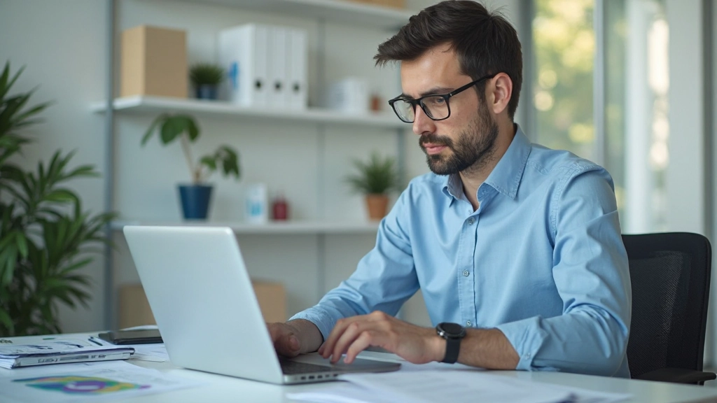 Бизнесмен работает с налоговыми стратегиями на ноутбуке в офисе