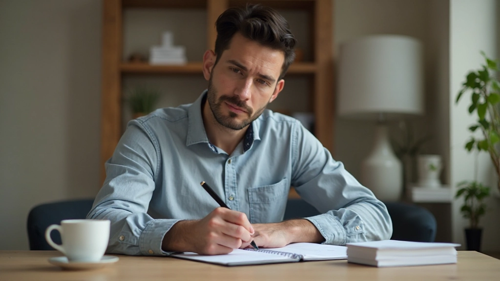 Человек записывает финансовые цели в ежедневник с кофе на столе